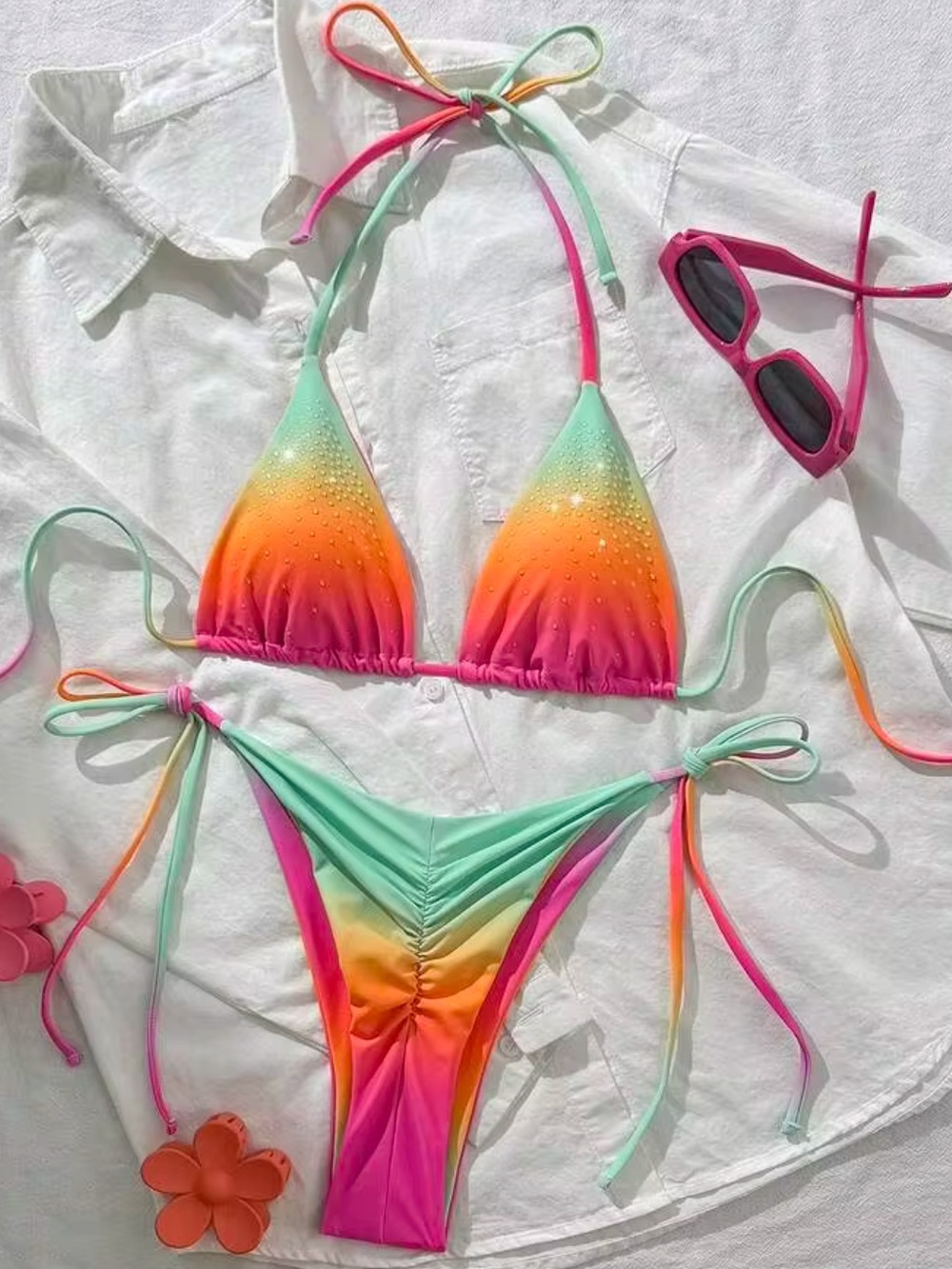 2pcs Colorful Halter Bikini Set 3D Rhinestones Small - Picture 3 of 9